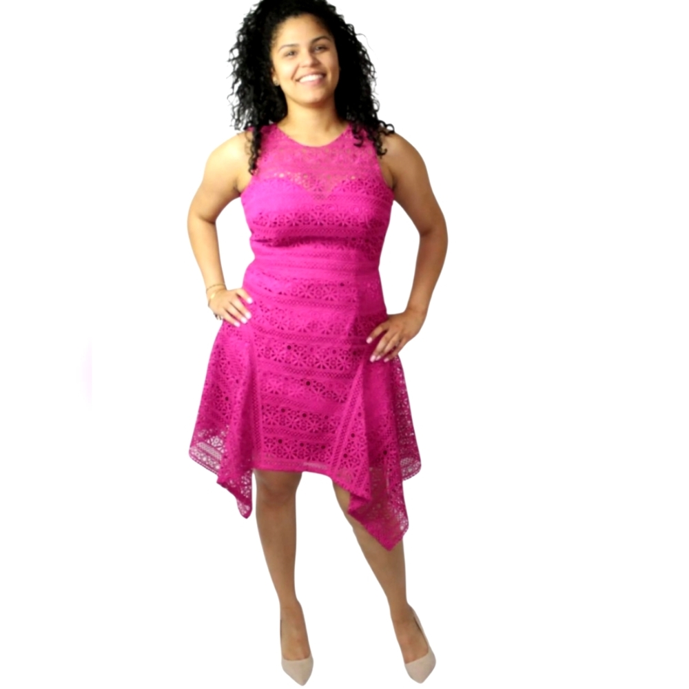 Theia Magenta Nwot Floral/Geometric Lace Asymetrical Sleeveless Scarf Dress